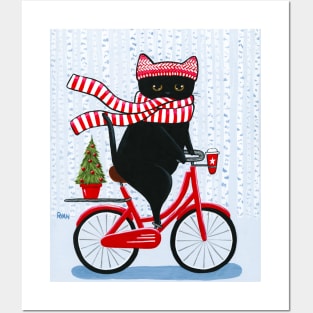 Black Cat Christmas Bicycle Ride Posters and Art